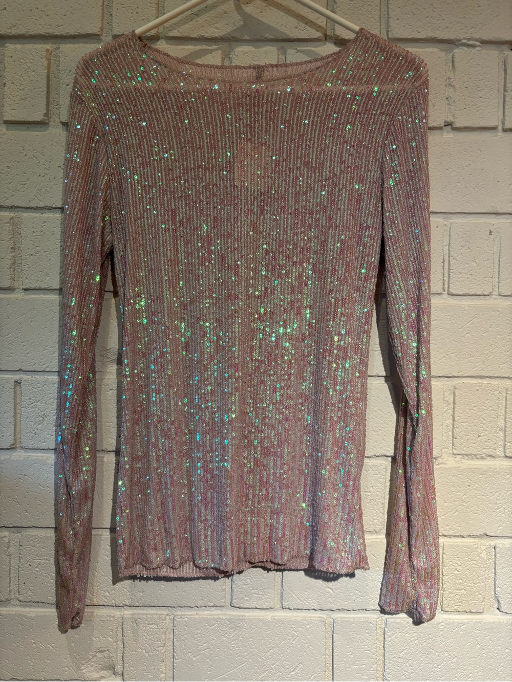 Free People Iridescent Sequin Ribbed Long Sleeve Top - Light Pink